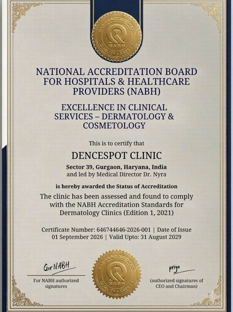 NABH Certificate - Excellence in Clinical Services Dermatology & Cosmetology - DenceSpot Clinic