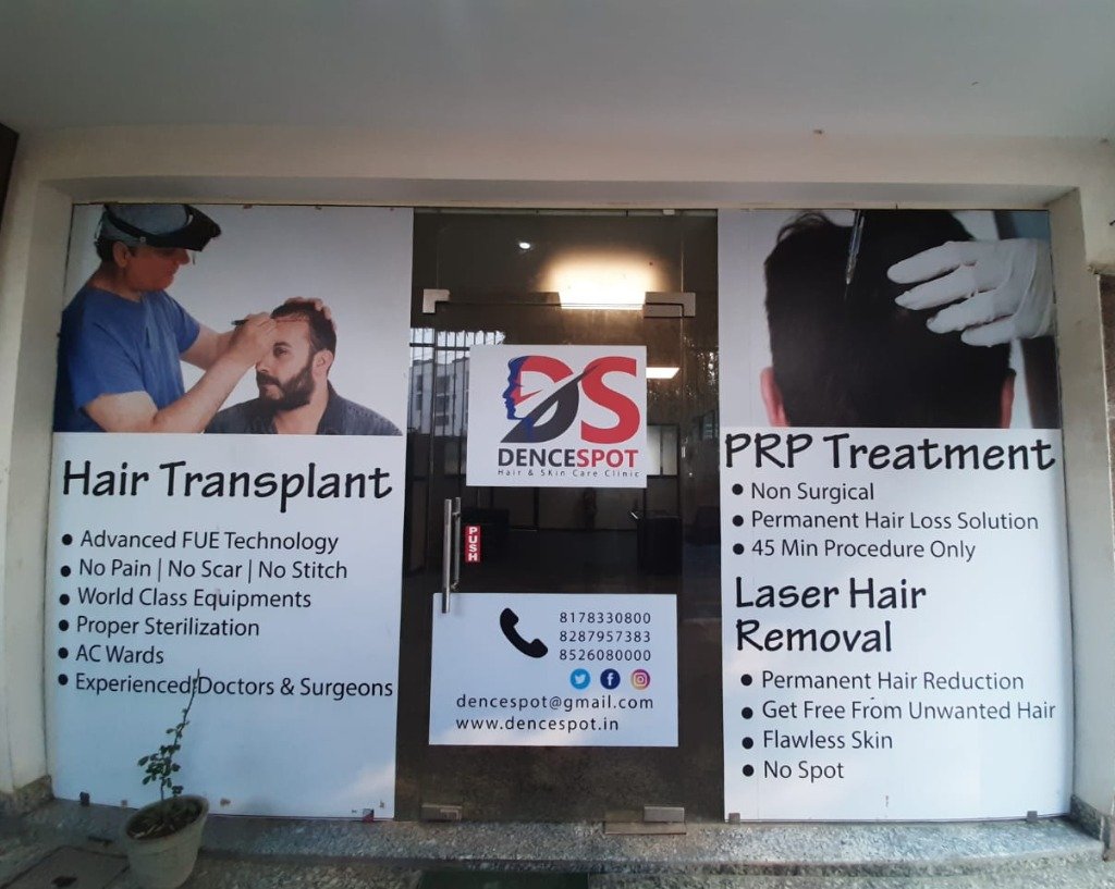 DenceSpot Clinic shopfront on Sector 39 Road, Jharsa, Gurugram, showing the hair transplant and PRP treatment signage
