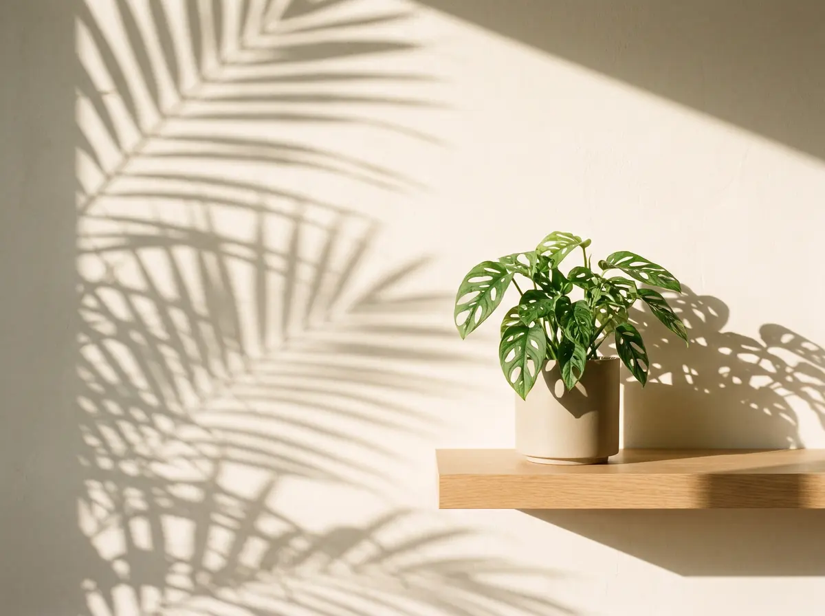 AI-generated image: sunlight and leaf shadows on an ivory wall with a potted plant
