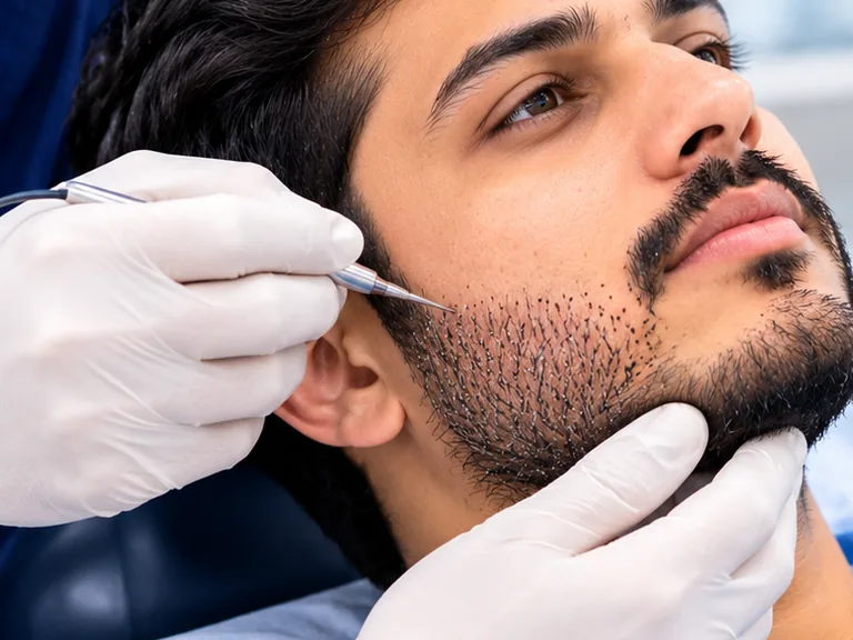 AI-generated image: a doctor placing grafts along a patient's beard line with an implanter pen while steadying his jaw