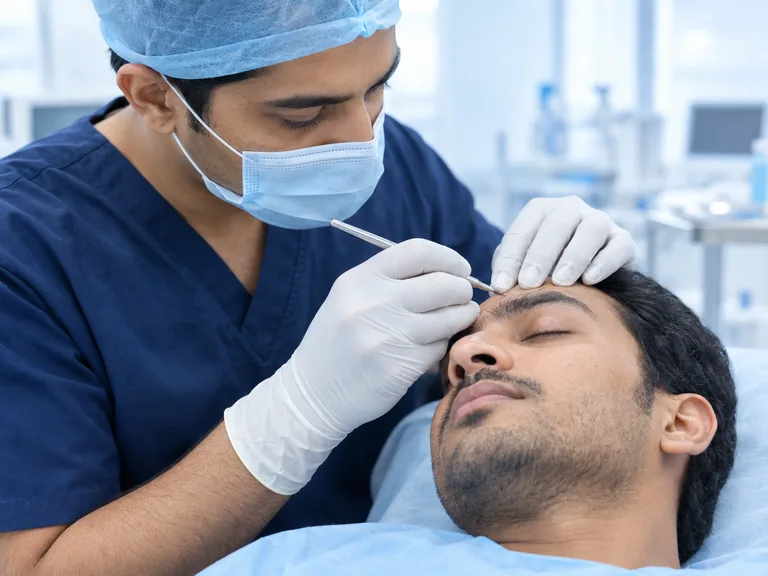 AI-generated image: a doctor placing single-hair grafts along a patient's eyebrow with an implanter pen
