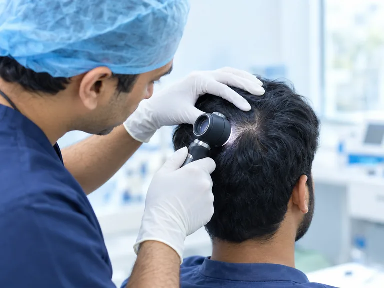 AI-generated image: a doctor examining a patient's scalp and hair roots with a dermatoscope