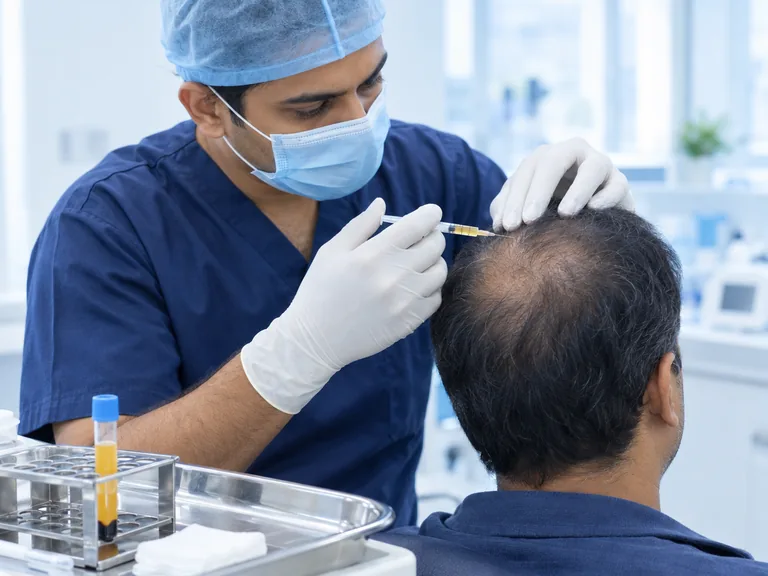 AI-generated image: a doctor giving PRP injections into a patient's thinning crown, with a tube of plasma on a tray beside them