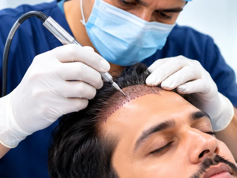 AI-generated image: a doctor in a surgical cap and mask placing hair grafts along a patient's hairline with an implanter pen