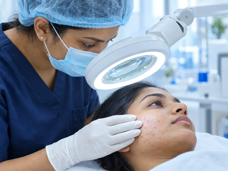 AI-generated image: a dermatologist examining acne marks on a woman's cheek through an illuminated magnifying lamp