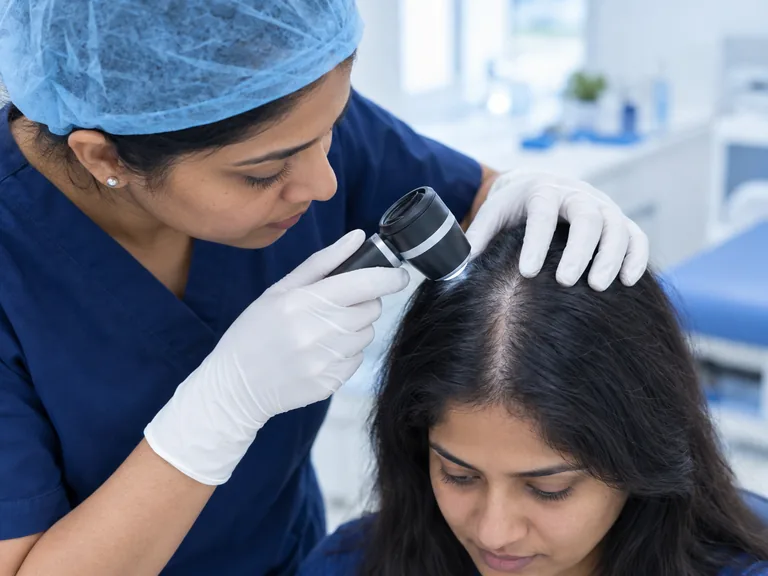 AI-generated image: a female doctor examining a woman's widened hair parting with a dermatoscope