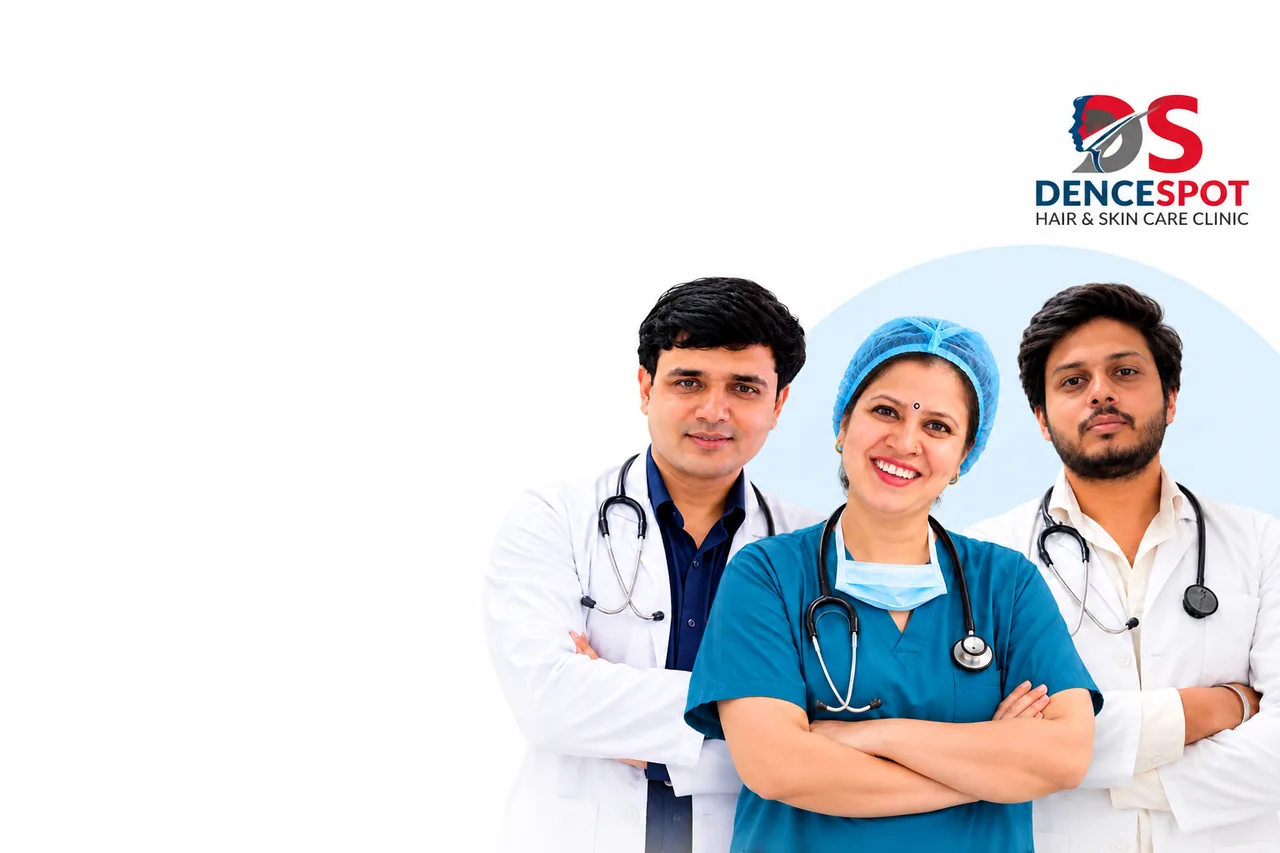 AI-generated image of three doctors in white coats and scrubs beside the DenceSpot Hair & Skin Care Clinic logo