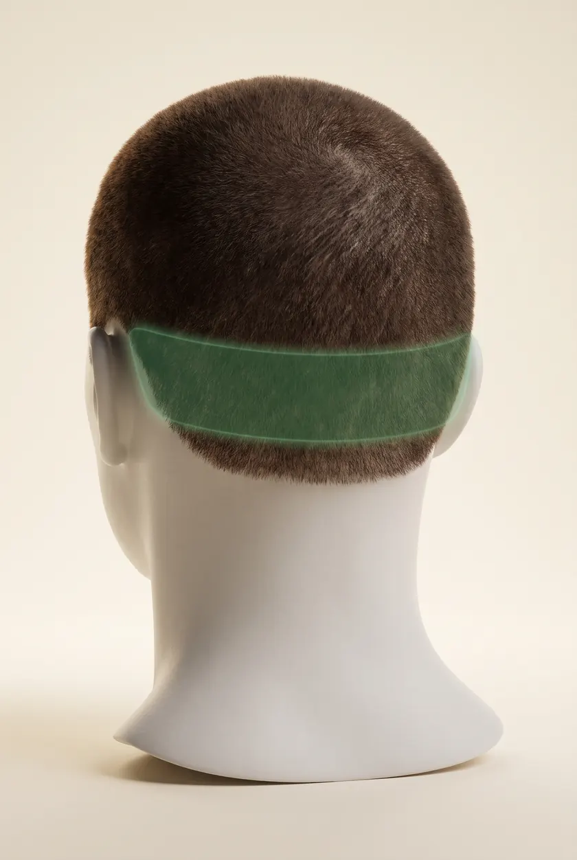 AI-generated illustration: mannequin head from behind with the donor area at the back and sides highlighted