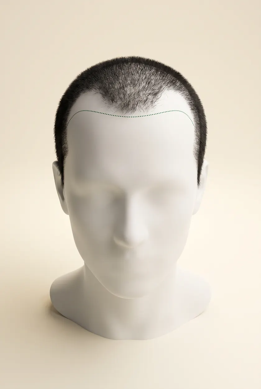 AI-generated illustration: mannequin head from the front with a planned hairline marked