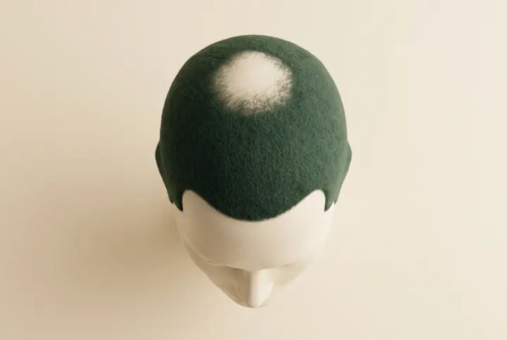 AI-generated diagram of crown thinning: a mannequin head seen from above