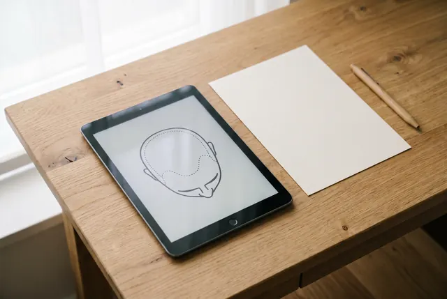 AI-generated image: a tablet showing a head diagram with a planned hairline