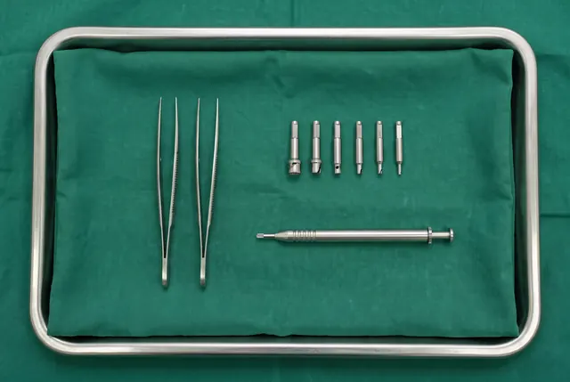 AI-generated image: sterile hair-restoration instruments on a tray