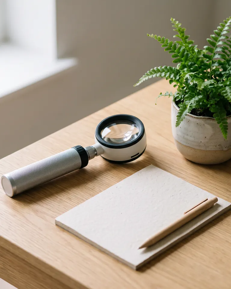 AI-generated illustration: a dermatoscope and notepad on a wooden desk beside a fern