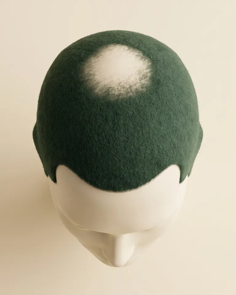 AI-generated illustration: a mannequin head seen from above with green felt hair and a bald patch at the crown