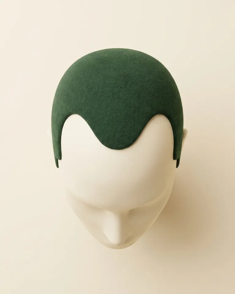 AI-generated illustration: a white mannequin head seen from above, with green felt hair receding at both temples, on a cream background