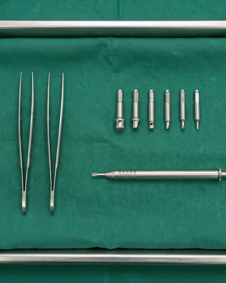 AI-generated illustration: sterile instruments laid out on a green tray