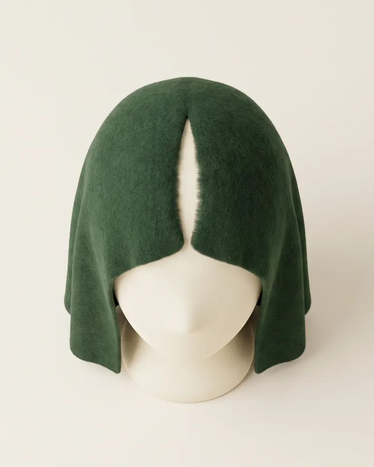 AI-generated illustration: a mannequin head with green felt hair and a widening central parting, seen from above