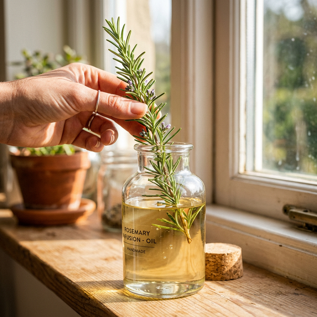 Fresh rosemary sprig being used to infuse hair growth oil